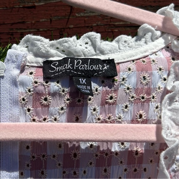 Sz-1X-Smak Parlour-pink & white gingham eyelet Woodstock flare dress w/pockets! - Picture 9 of 10